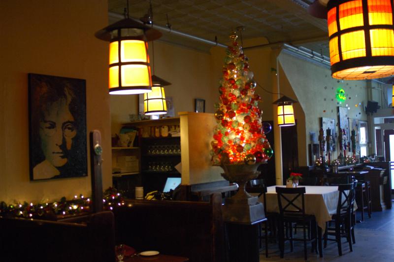 red square decorations for holidays with xmas ornament tree