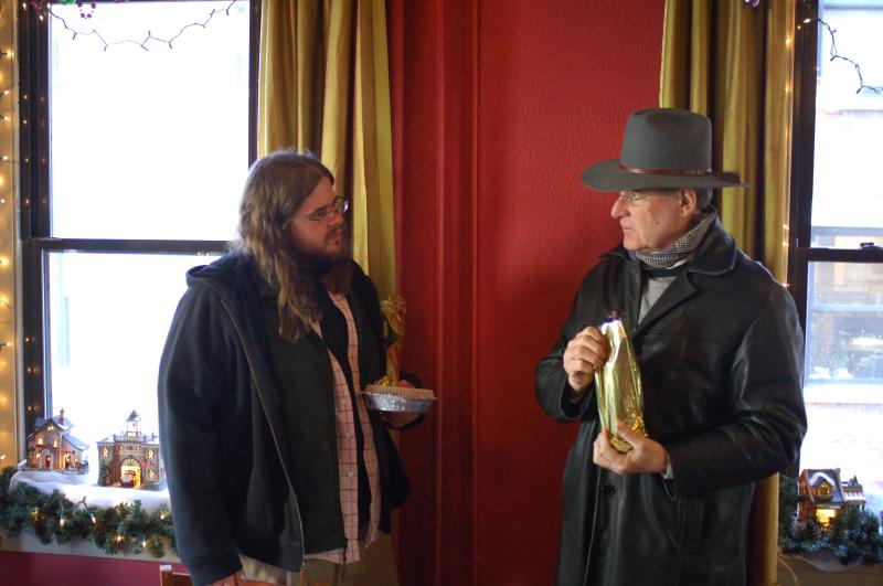 nick cosimano and tom sinopoli with leftovers and wine gifts