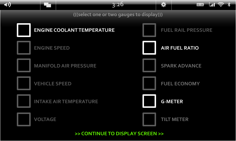 screenshot of selectable vehicle data gauges in VehLink