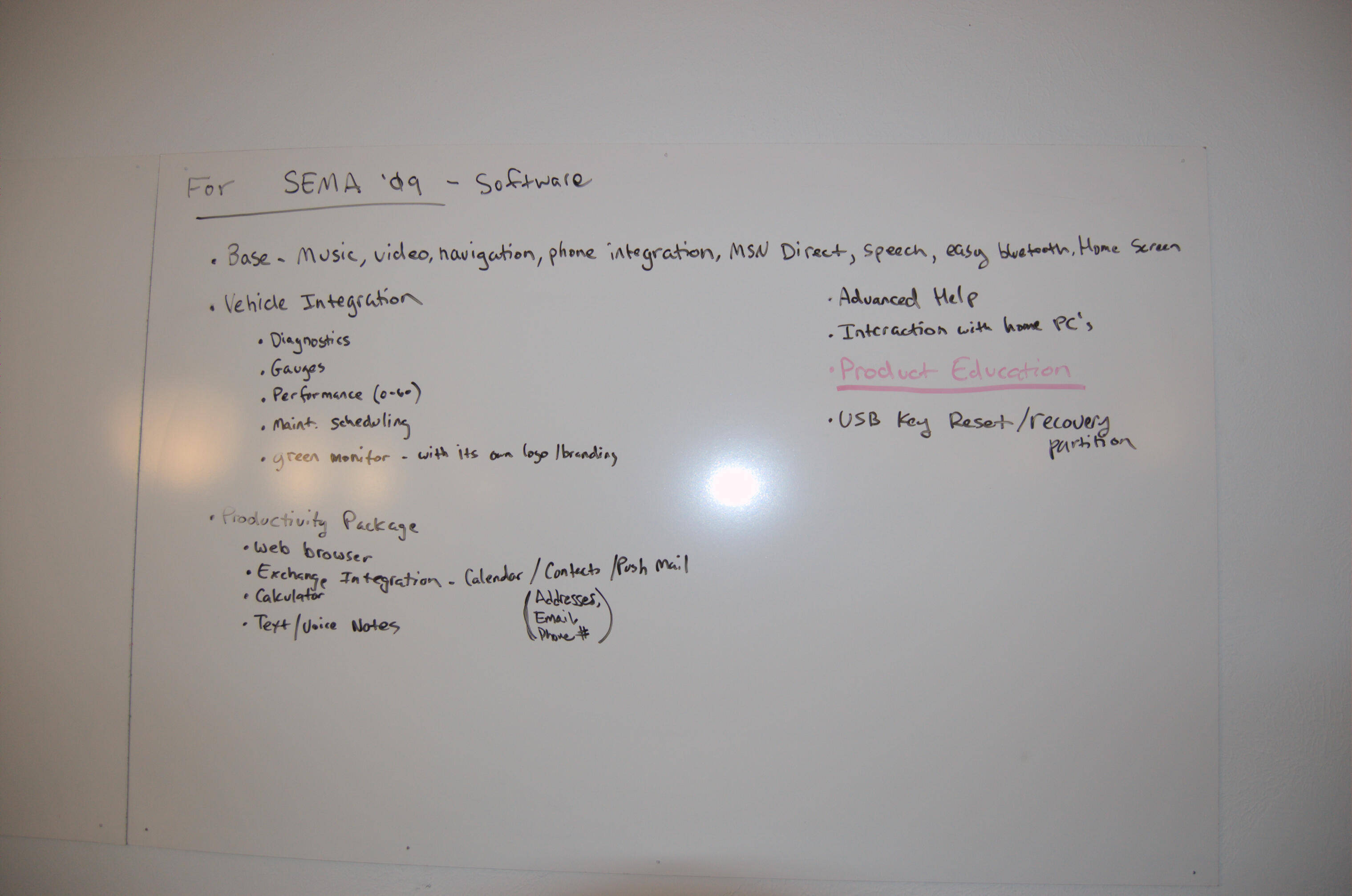 whiteboard with sema 2009 deliverables