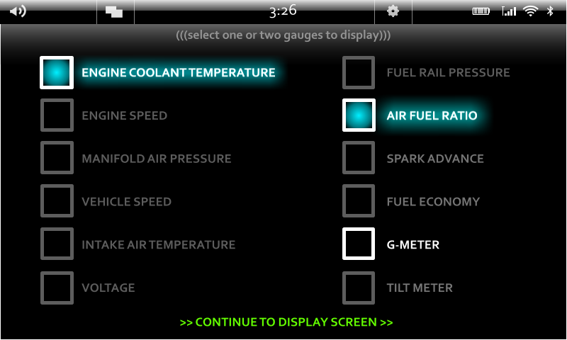 screenshot of selected vehicle data gauges in VehLink